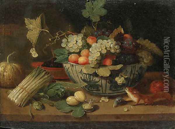 A bowl of fruit, a bundle of asparagus, an artichoke, a bowl of figs, a squirrel, a melon and a sprig of plums on a ledge Oil Painting - Jan van Kessel