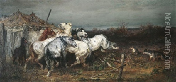 Eine Herde Pferde Verteidigt Ihr Fohlen Vor Den Wolfen Oil Painting - Adolf Schreyer