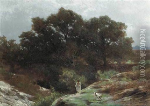 A Shepherd On A Sunlit Heath, Barbizon (?) Oil Painting - Louwrens Hanedoes