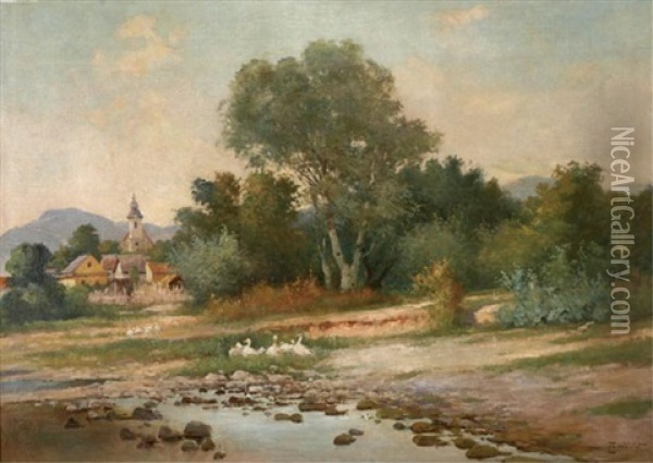 Landscape With Ducks By A Stream, Distant Mountain Village Oil Painting - Gyula Zorkoczy