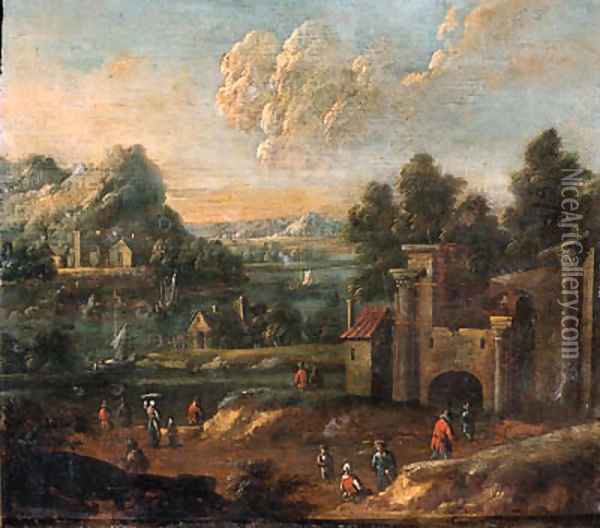 Travellers on a path by a ruined castle Oil Painting - Pieter Bout