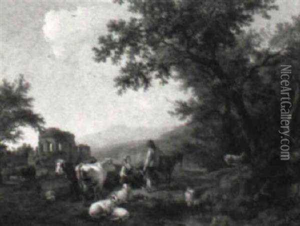 Peasant Couple With Donkey, Dog, Cows, Goats And Sheep In A Landscape Oil Painting - Nicholas Henri Joseph Fassin