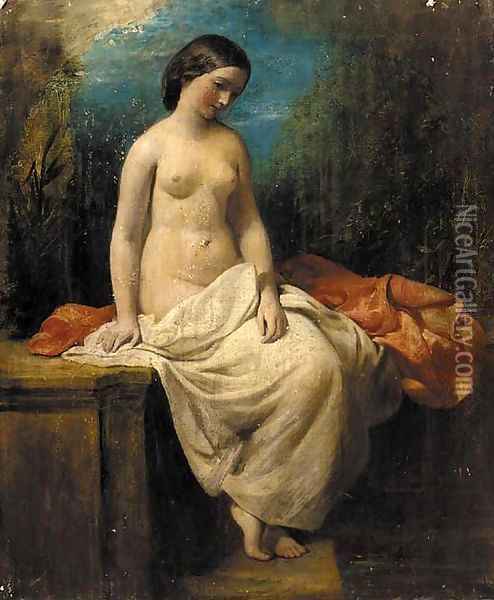 Study of a female nude, seated in a landscape Oil Painting - William Etty