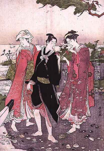 Two girls and a youth on a beach, pub. c.1780 Oil Painting - Toyokuni