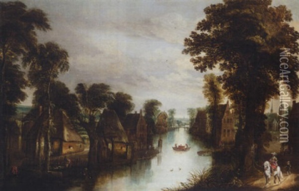 A Village By A River With A Gentleman On Horseback On A Track Oil Painting - Jan Brueghel the Elder