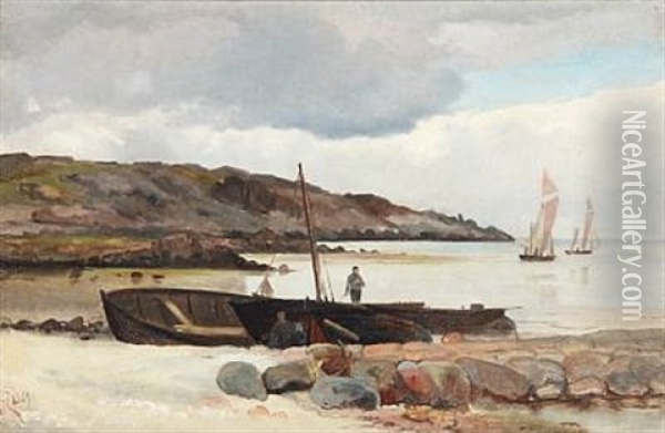 Coastal Scene With Sailing Boats And Fishermen Oil Painting - Holger Henrik Herholdt Drachmann