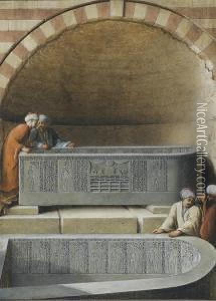 Figures In A Tomb Examining Basalt Sarcophogae, Cairo Oil Painting - Luigi Mayer