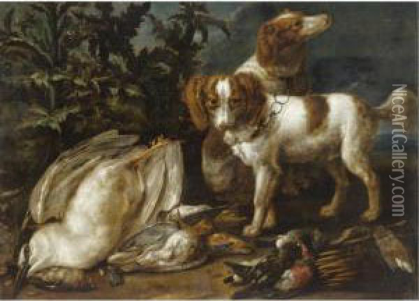 Still Life With Two Spaniels Together With Various Game And Songbirds Oil Painting - Jasper van der Lanen