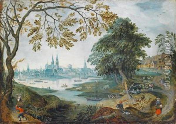 Umkreis Baumbestandene Flusslandschaft Mit Blick Auf Eine Stadt Oil Painting - Abraham Govaerts