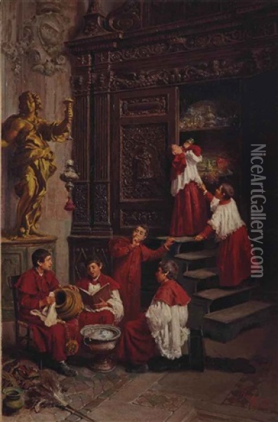 Dans La Sacristie Oil Painting - Francesco Bergamini