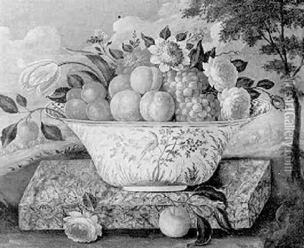 Peaches, Apricots, Grapes And Flowers In A Porcelain Bowl On A Granite Ledge In A Landscape Oil Painting - Louise Moillon