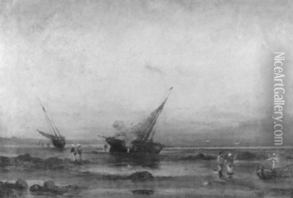 Strandlandschaft Mit Fischern Und Booten Bei Dammerung Oil Painting - Paul Lecomte