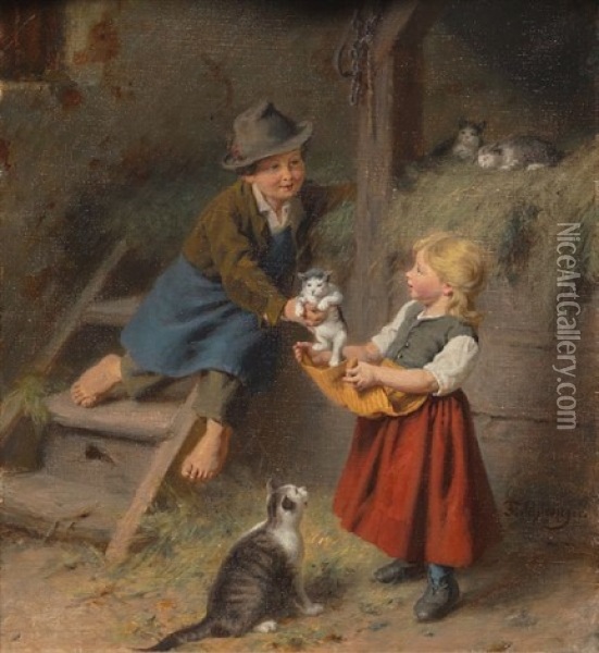 Barn Med Katter Oil Painting - Felix Schlesinger