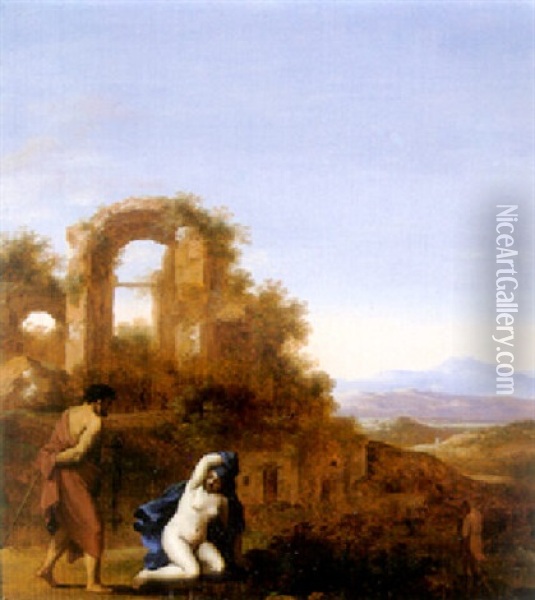 Judah And Tamar In An Italianate Landscape Oil Painting - Cornelis Van Poelenburgh