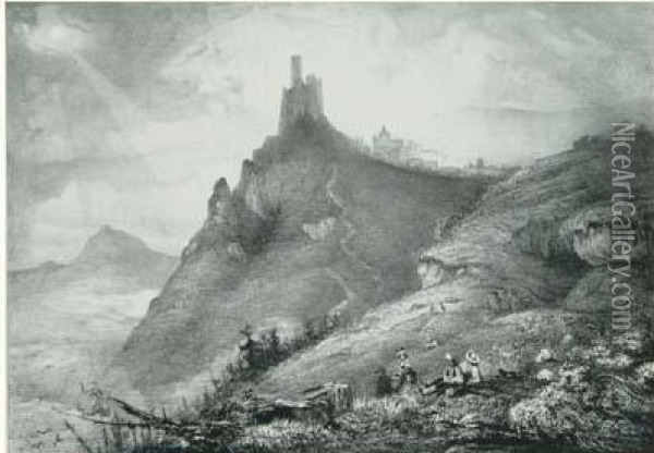 Vue De Chateau-gaillard - Tour Du Mont Perrou (auvergne) - Chateau
 De Leotoing (auvergne) - Le Marais (1830-31) Oil Painting - Paul Huet