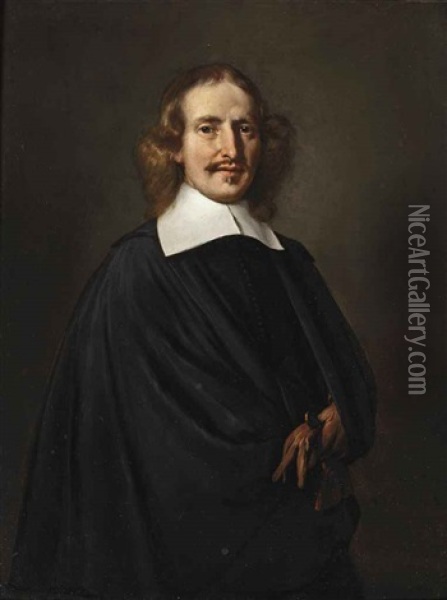 Portrait Of A Gentleman In A Black Costume With A White Collar, Holding A Glove Oil Painting - Thomas De Keyser