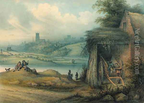 A distant view of Chester across The Meadows Oil Painting - John Pearson