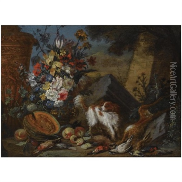 A Still Life With A Bouquet Of Flowers In A Vase, A Pumpkin, Prunes And Peaches, And A Dead Hare And Dead Birds In The Foreground, Together With A Dog Oil Painting - Adriaen de Gryef