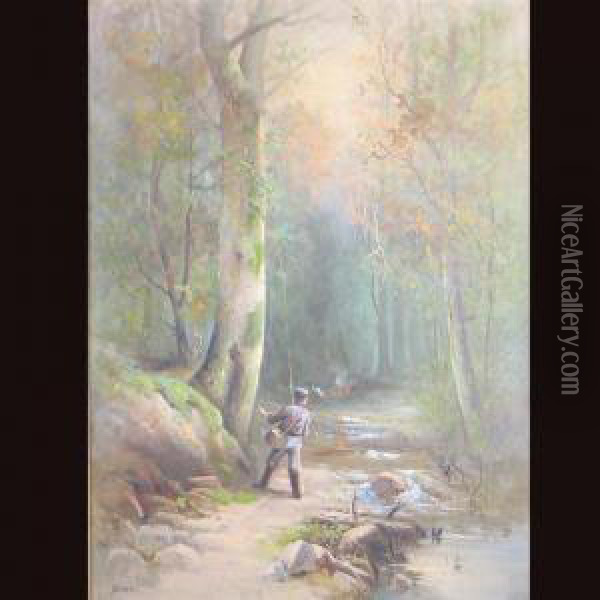 Landscape Scene Depicting A Fly Fisherman Neara Stream Oil Painting - Thomas Oxley Miller