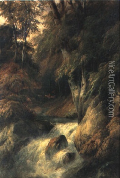Gebirgswald Mit Wasserfall Und Rehen Oil Painting - Carl Franz Rudolf Volmar