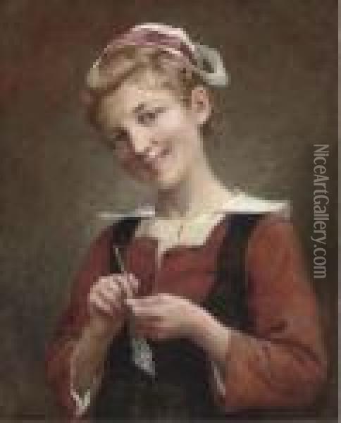 A Young Girl Knitting Oil Painting - Theophile Louis Deyrolle