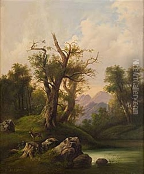 Landskap Med Hjort Vid Vattendrag Oil Painting - Eduard Boehm