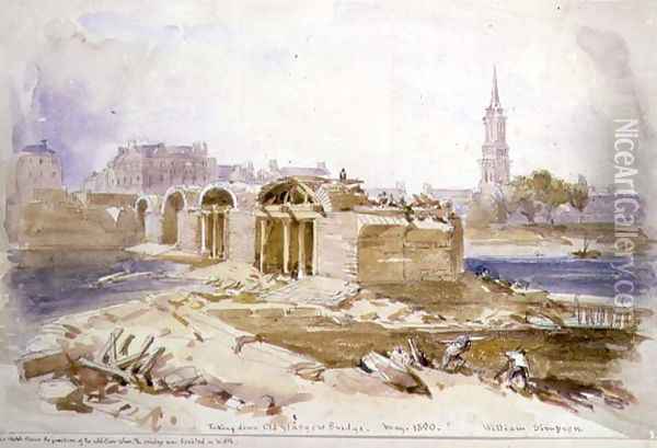 Taking Down Old Glasgow Bridge, 1850 Oil Painting - William Simpson