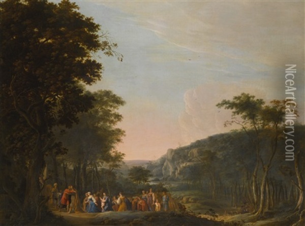 The Reconciliation Of Jacob And Esau, In An Extensive Italianate Landscape Oil Painting - Daniel Jansz Thivart