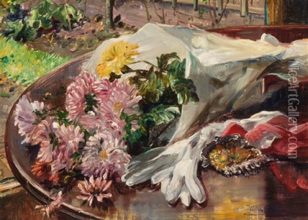 Still Life With Flowers And White Gloves Oil Painting - Willem Elisa Roelofs