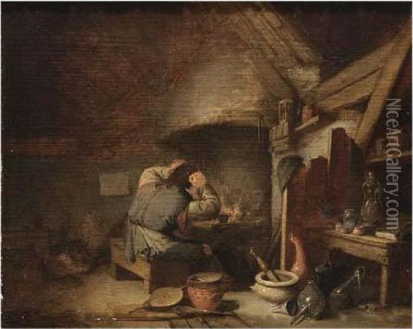 An Alchemist Near A Fireplace In His Studio Oil Painting - Adriaen Jansz. Van Ostade