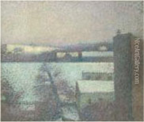 Maisons Au Bord De Saone En Hiver, Circa 1892-1896 Oil Painting - Leon Pourtau