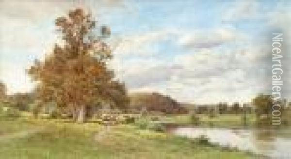 River Landscape Withcattle Beyond Oil Painting - Cyril Ward