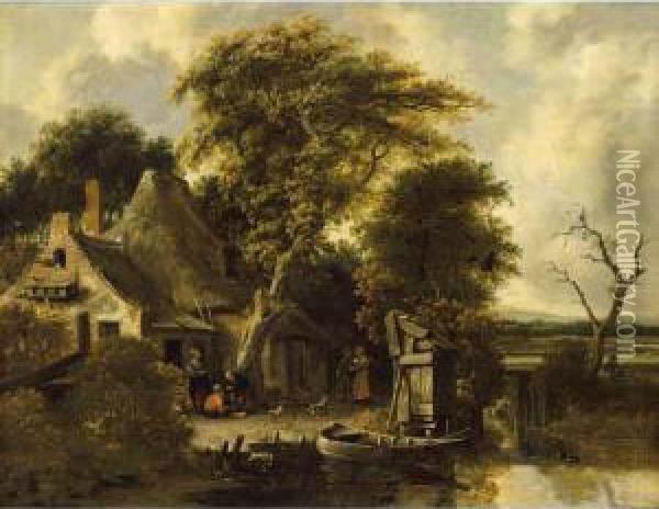 A Wooded Landscape With Peasants
 In A Courtyard Near A Farm With A Stream In The Foreground Oil Painting - Salomon Rombouts
