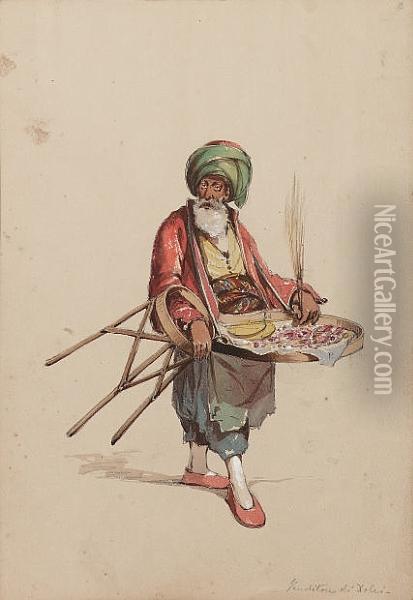 Street Vendors Of Constantinople, A Set Of Three Oil Painting - Amadeo Preziosi