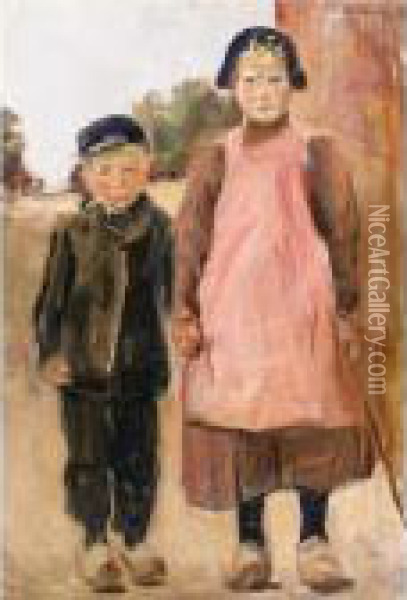Junge Und Madchen Auf Der Dorfstrasse (boy And Girl On The Village Road) Oil Painting - Max Liebermann