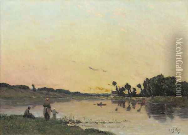 On the Riverbank at Sunset Oil Painting - Hippolyte Camille Delpy