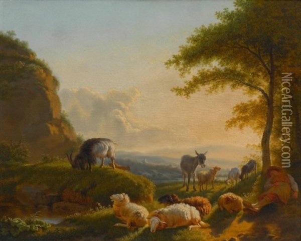 Ruhender Hirte Mit Esel, Schafen Und Ziegen Oil Painting - Balthasar Paul Ommeganck
