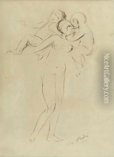 Femme Nu Avec Amours (Study For 'La Nuit') Oil Painting - Auguste Rodin
