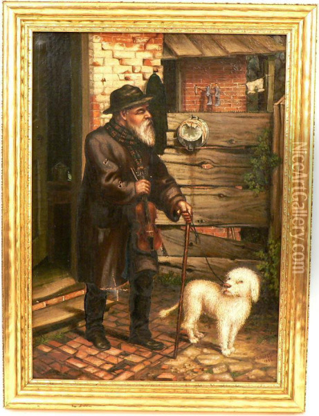 Depictingan Old Man With Violin Walking A Dog Oil Painting - Ulrich Augustus Hoegger