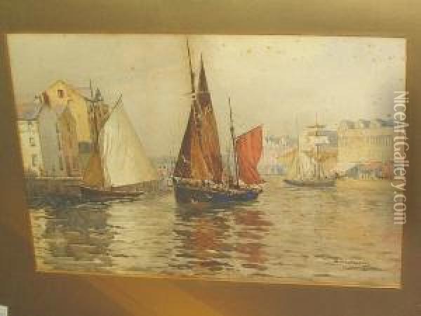 Fishing Boats In A Harbour, Thought To Be Douglas Oil Painting - Samuel Warburton