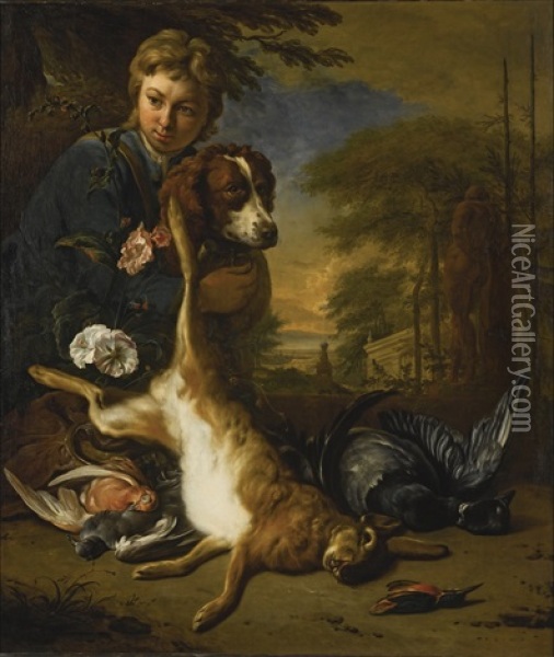 A Boy And A Dog With A Still Life Of Game, In A Park Landscape Oil Painting - Jan Weenix