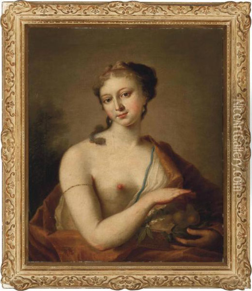 Portrait Of A Lady As Summer, 
Bust-length, Wearing An Orange Robe Over One Shoulder, Holding A Basket 
Of Fruit Oil Painting - Giovanni Antonio Pellegrini