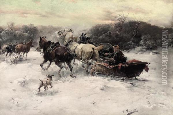 The Troika Riders Oil Painting - Alfred Wierusz-Kowalski