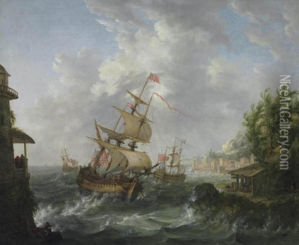 Seascape With American, British And Dutch Frigates Oil Painting - Johann Kaspar Huber