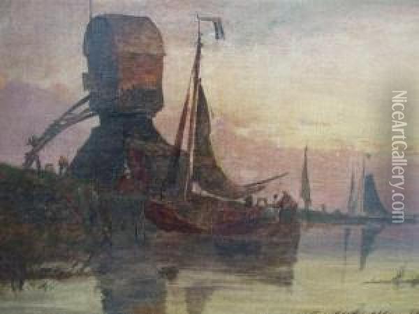 Dutch Canal Scene Near Rotterdam, Label Verso Oil Painting - Richard Henry Nibbs