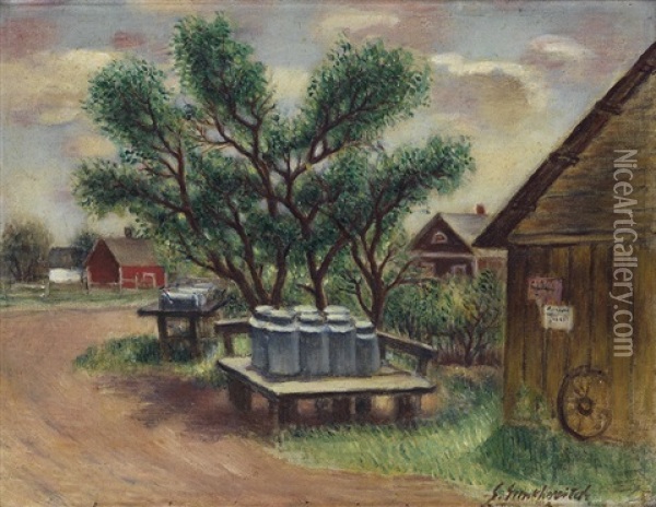 Farm Landscape (milk Cans #2) Oil Painting - Simkha Simkhovitch