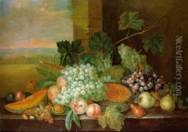 Fruits And Nuts On A Ledge, A Landscape Beyond Oil Painting - Jan Van Huysum