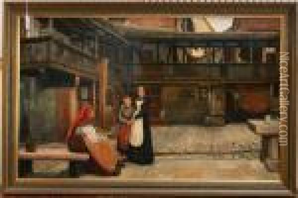 View Of Figures In A Courtyard Oil Painting - Charles Napier Hemy