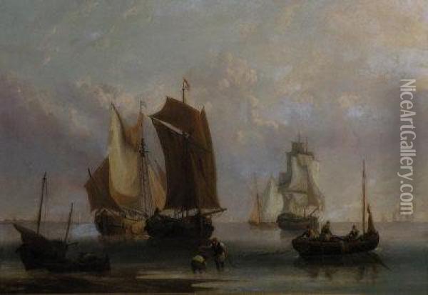 Dutch Fishing Boats And Other Vessels In A Calm Oil Painting - John Wilson Carmichael
