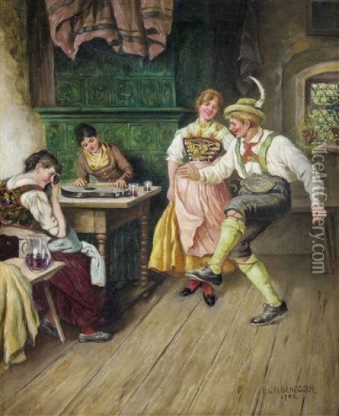 Zitherspielerin Und Tanzpaar In Der Stube Oil Painting - Franz Gelbenegger